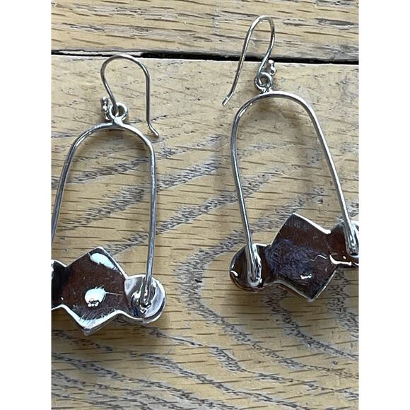 Turquoise Sterling Silver Wire Earrings Native Style SW Big 3 Stone Drop Hoop - Picture 5 of 5